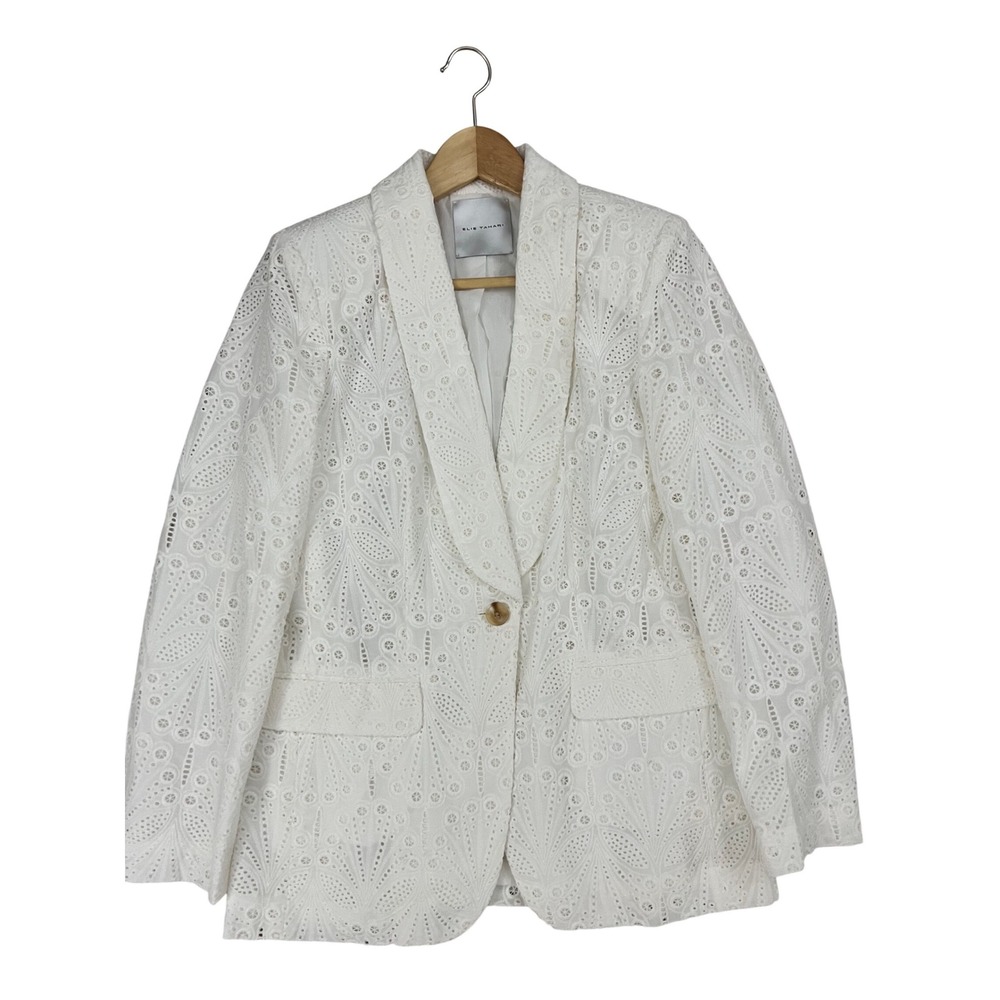 Elie Tahari Eyelet Blazer Women 8 White Cotton Floral Lace Single Button
